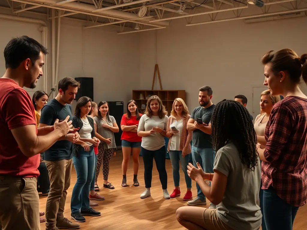 A vibrant image of a community theater workshop in progress, with participants of various ages engaged in acting exercises and scene development, reflecting the collaborative and inclusive nature of PUZZLE CENTRE's programs.