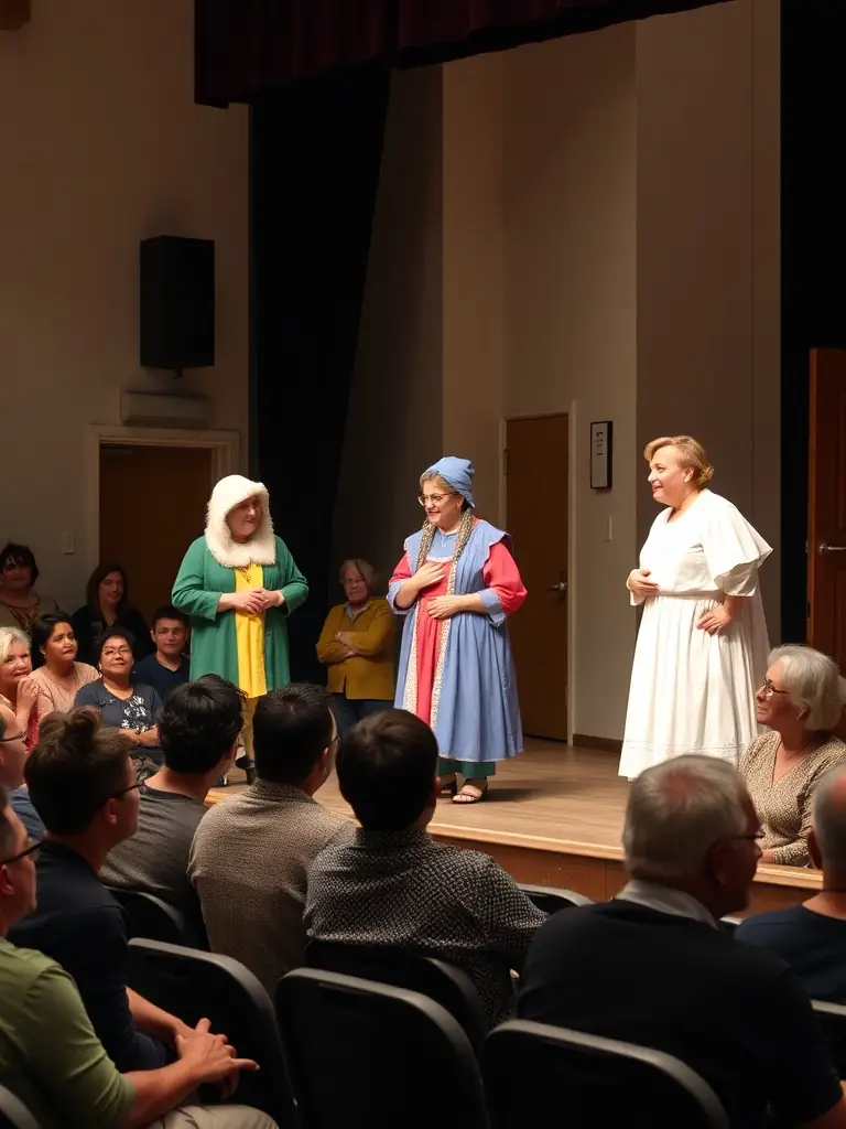 An image of a live theatrical performance in a community center, with actors in costume performing a scene from a play. The audience is diverse and engaged, with expressions of laughter and enjoyment.
