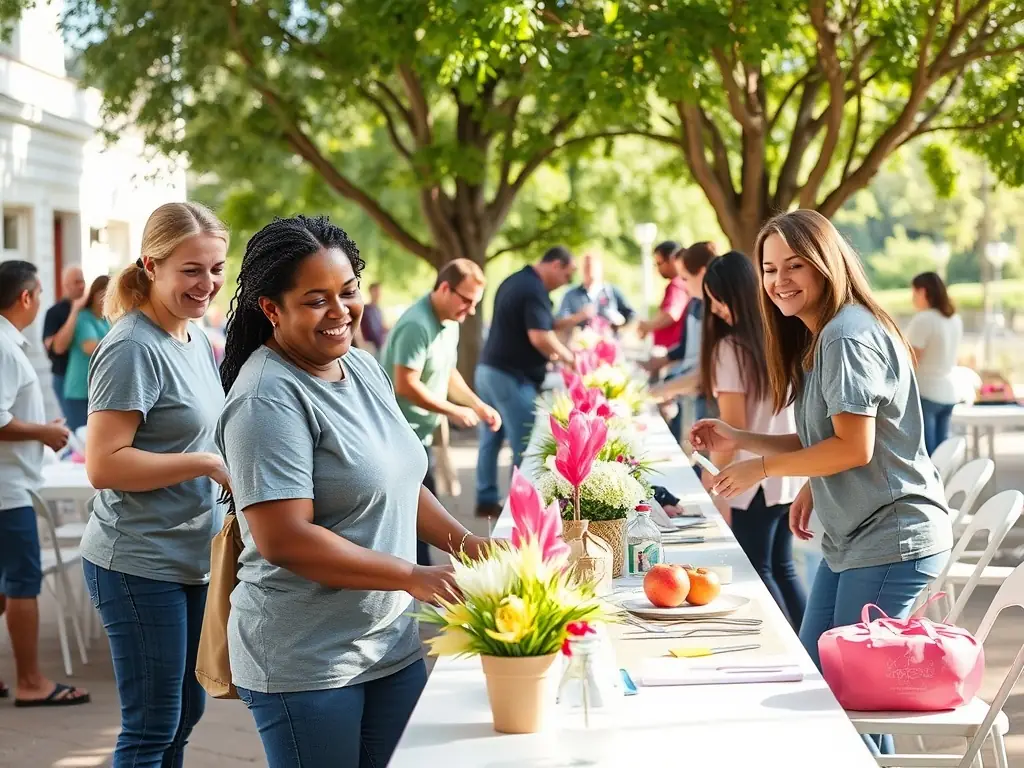 A photograph of volunteers working together at a PUZZLE CENTRE event, showing them setting up equipment, assisting participants, or interacting with community members in a positive and supportive manner.