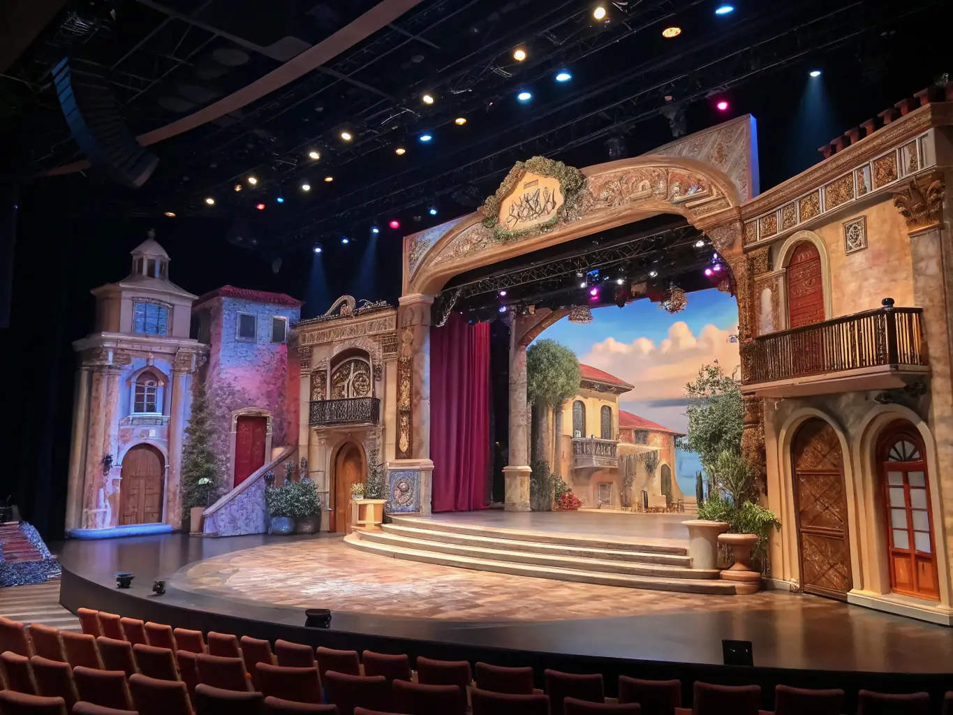 A vibrant photograph capturing a scene from one of PUZZLE CENTRE's theatrical productions, showcasing actors in costume on stage with dynamic lighting and set design.