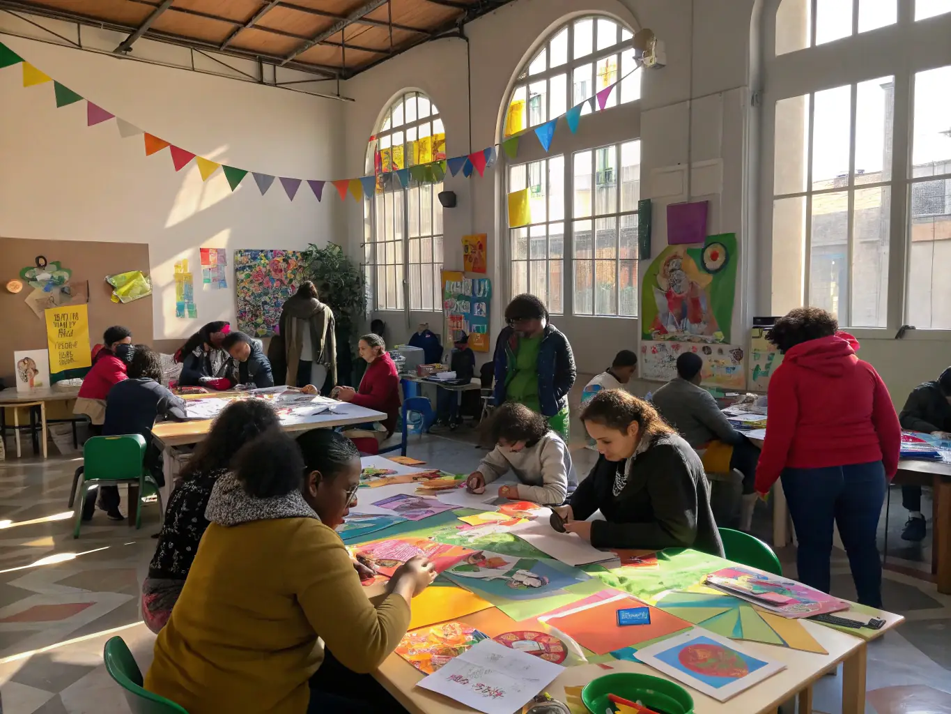 A photograph of a community workshop in progress at PUZZLE CENTRE, showing participants actively engaged in a creative activity, such as painting or crafting, with an instructor guiding them.