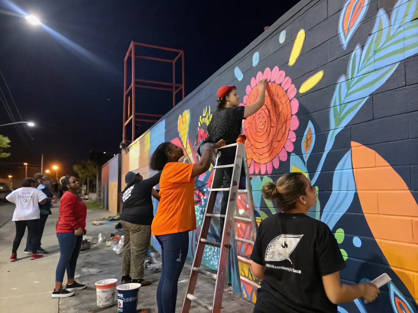 An image depicting a group of volunteers working together on a community art project, such as painting a mural or creating decorative installations, highlighting PUZZLE CENTRE's commitment to community engagement and artistic expression.