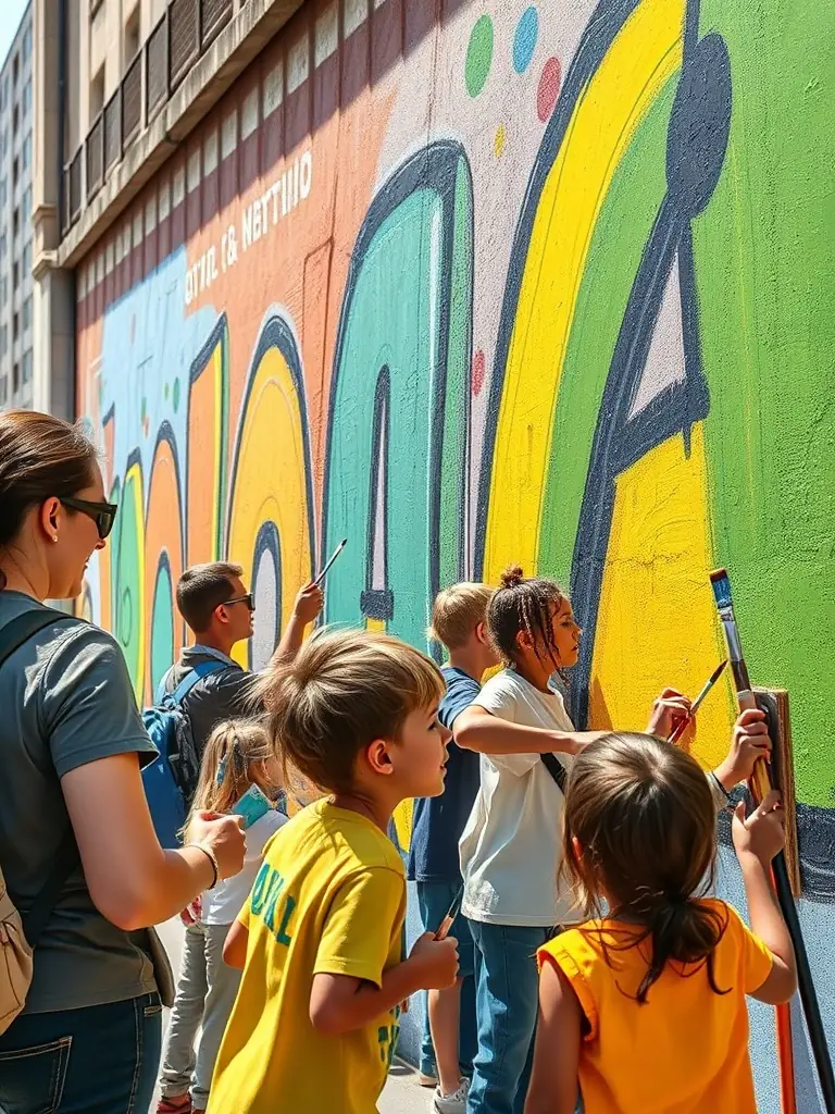 An image of children painting a large mural together, with smiles on their faces and colorful paint splattered around them. The mural depicts scenes of local community life and cultural heritage.
