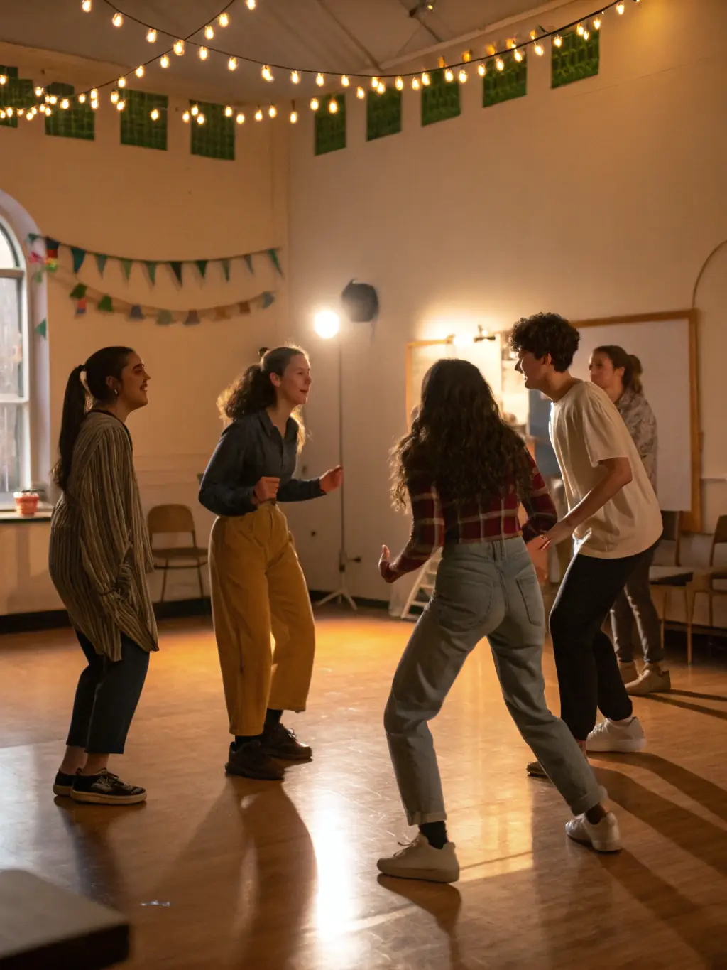 An image of a diverse group of people participating in a theater workshop, with an instructor guiding them through an acting exercise. The setting is a brightly lit studio with various props and costumes visible.