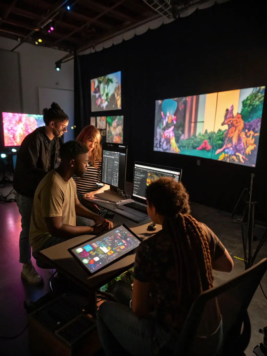 A dynamic shot of artists working on a scenic design for a PUZZLE CENTRE performance, emphasizing the organization's dedication to artistic expression and innovation.