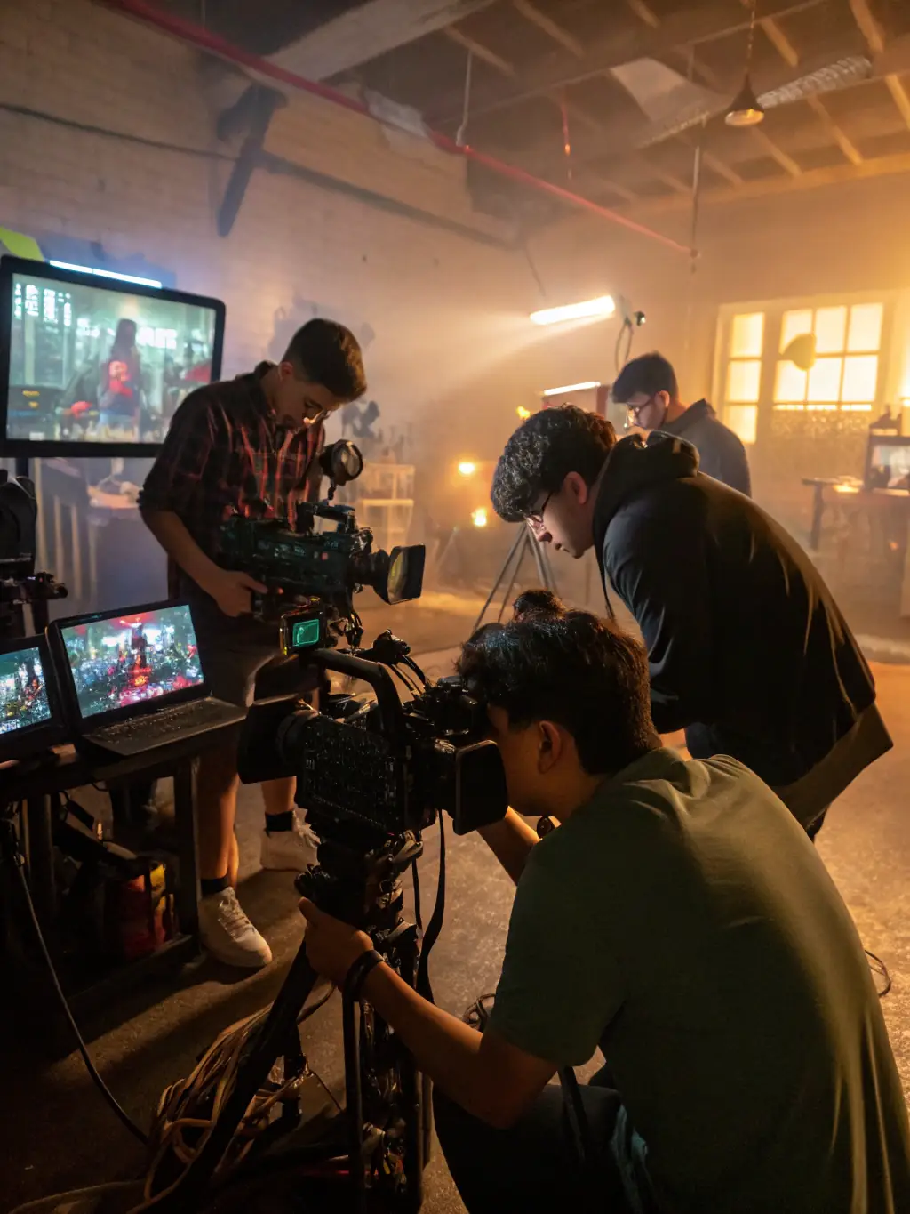 An image of a group of young people learning about audiovisual production, with cameras, microphones, and editing equipment visible. An instructor is demonstrating how to use the equipment.
